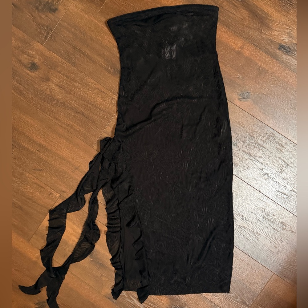 Black Strapless Lace Dress with Side Ruffles Sheer